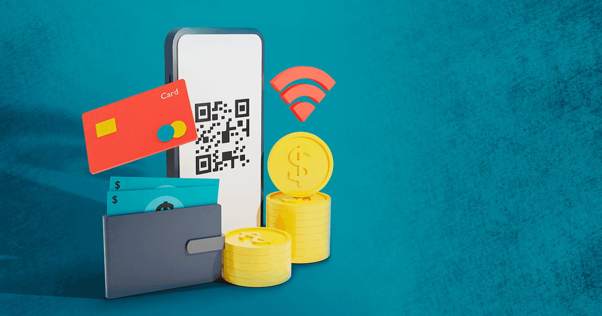 Monetary payments including a phone with a QR code, a Wi-Fi signal, a credit card, and cash in a wallet.