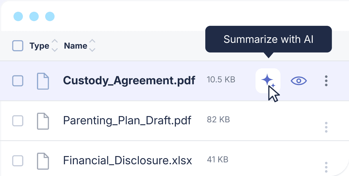 CosmoLex document list with the Summarize with AI action on a matter file