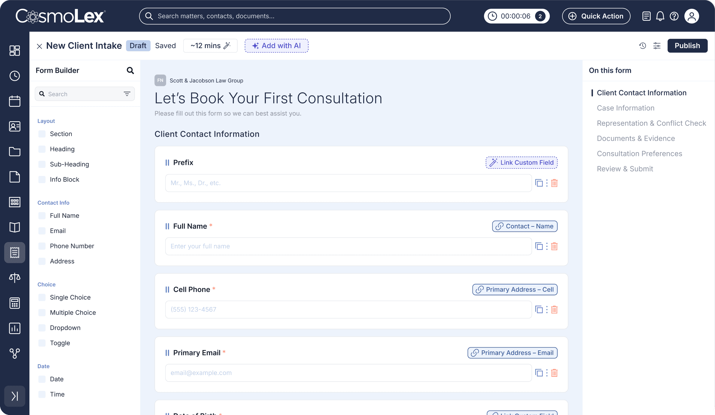 CosmoLex intake form builder with a new client intake form