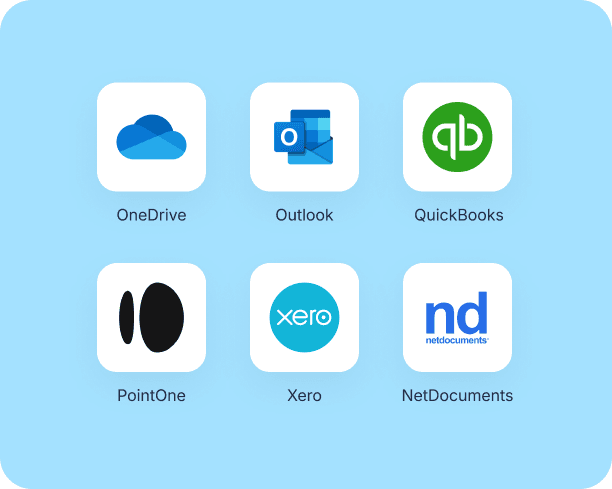 Logos of apps that connect with PointOne: OneDrive, Outlook, QuickBooks, PointOne, Xero, and NetDocuments