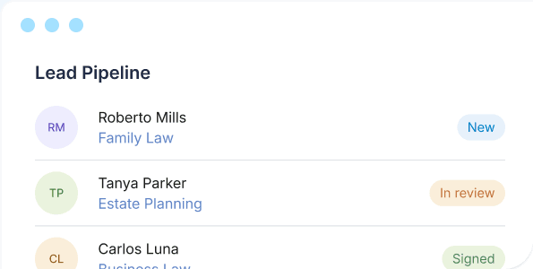 Lead pipeline listing new, in review, and signed leads